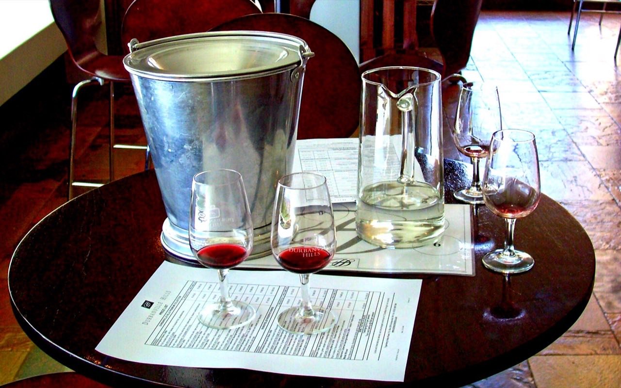 Symbolbild Weinprobe: Gläser, Weinkühler und Karte bei einer Weinprobe